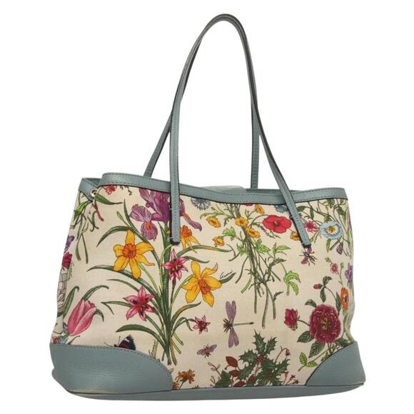GUCCI Flower Tote Bag Canvas Beige Gold - Picture 1 of 16